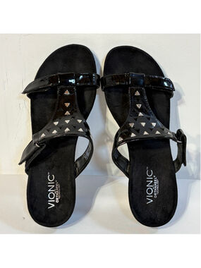 Vionic Maggie Black Silver Studded Wedge Sandals Women’s Size 8 Orthaheel